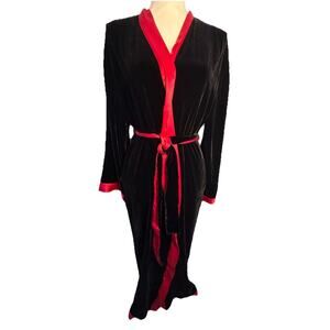 Victoria's Secret Red Silk Satin Black Velvet Long Robe Velour Sash Shawl Y2K S